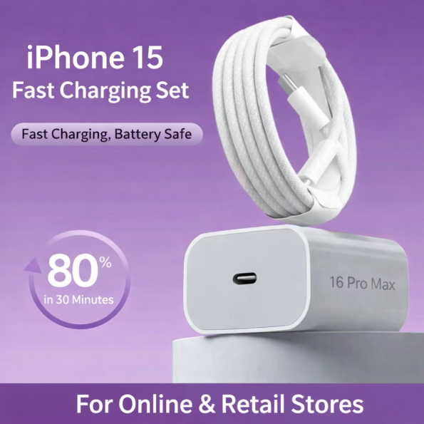 20W Fast Charging Adapter with 1M USB-C Cable for iPhone 15 / 16  – PD Fast Charger (Off-White)